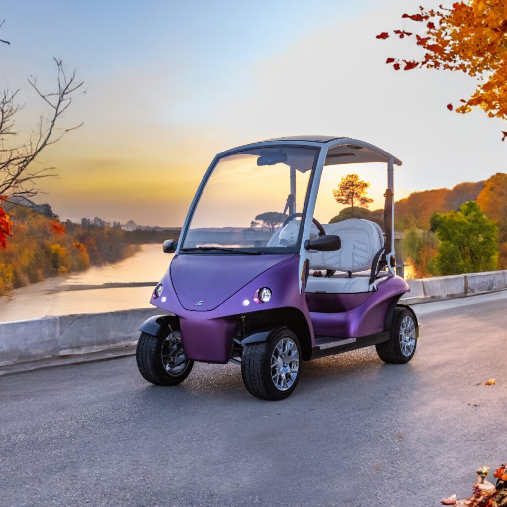 garia golf car driving down the road in a neighborhood - fall/autumn